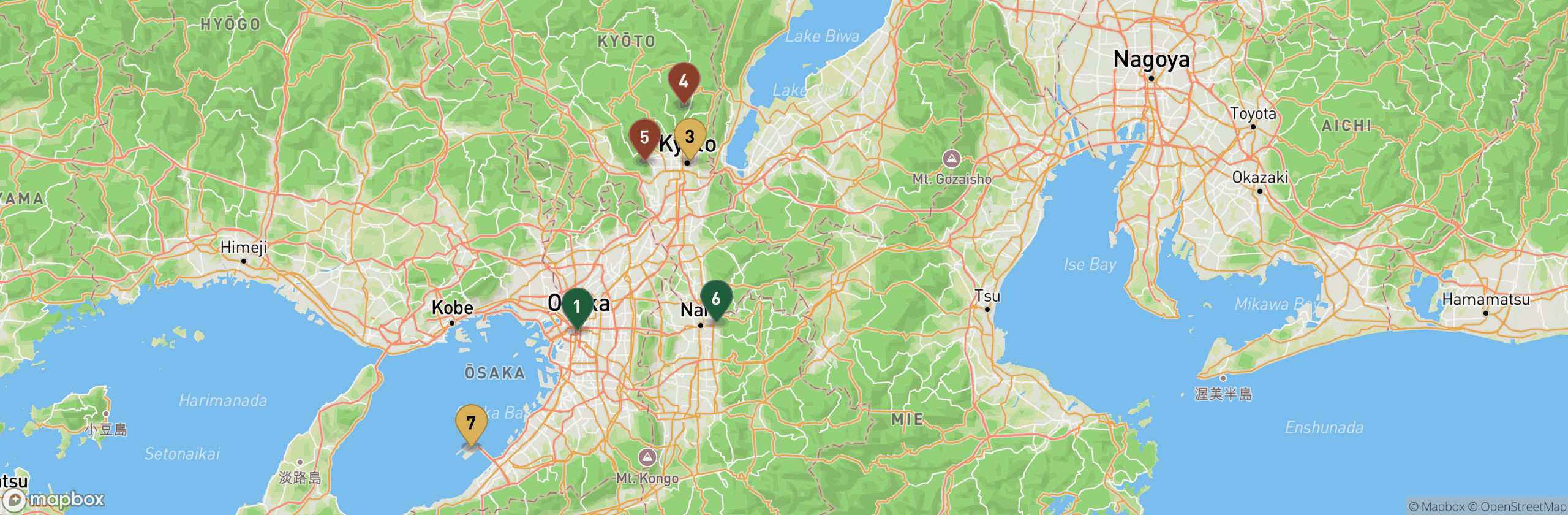 Map of the Kansai route through Osaka, Kyoto, Nara, Rinku, and KIX