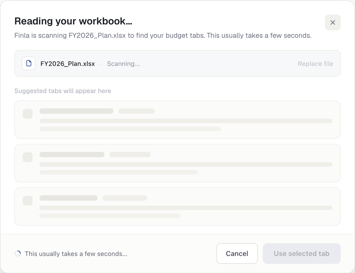 Finla scans the workbook and shows its mapping confidence