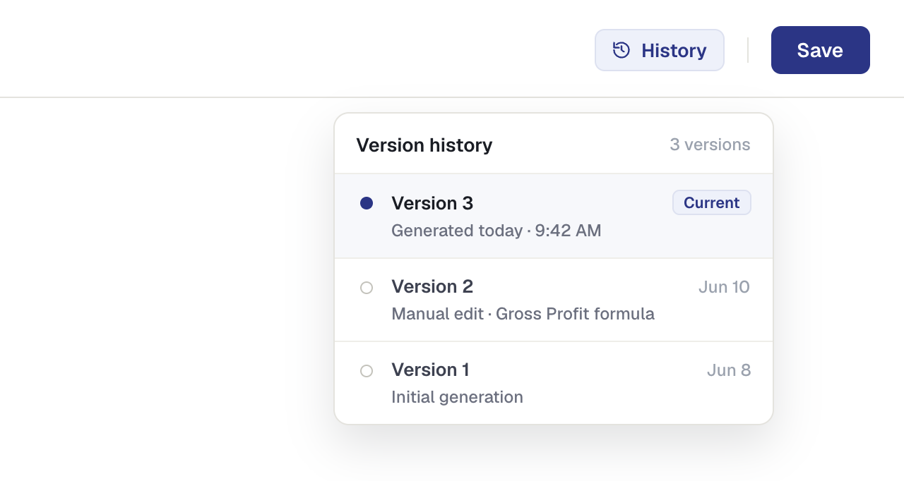 Every version is kept; any prior draft is one click away